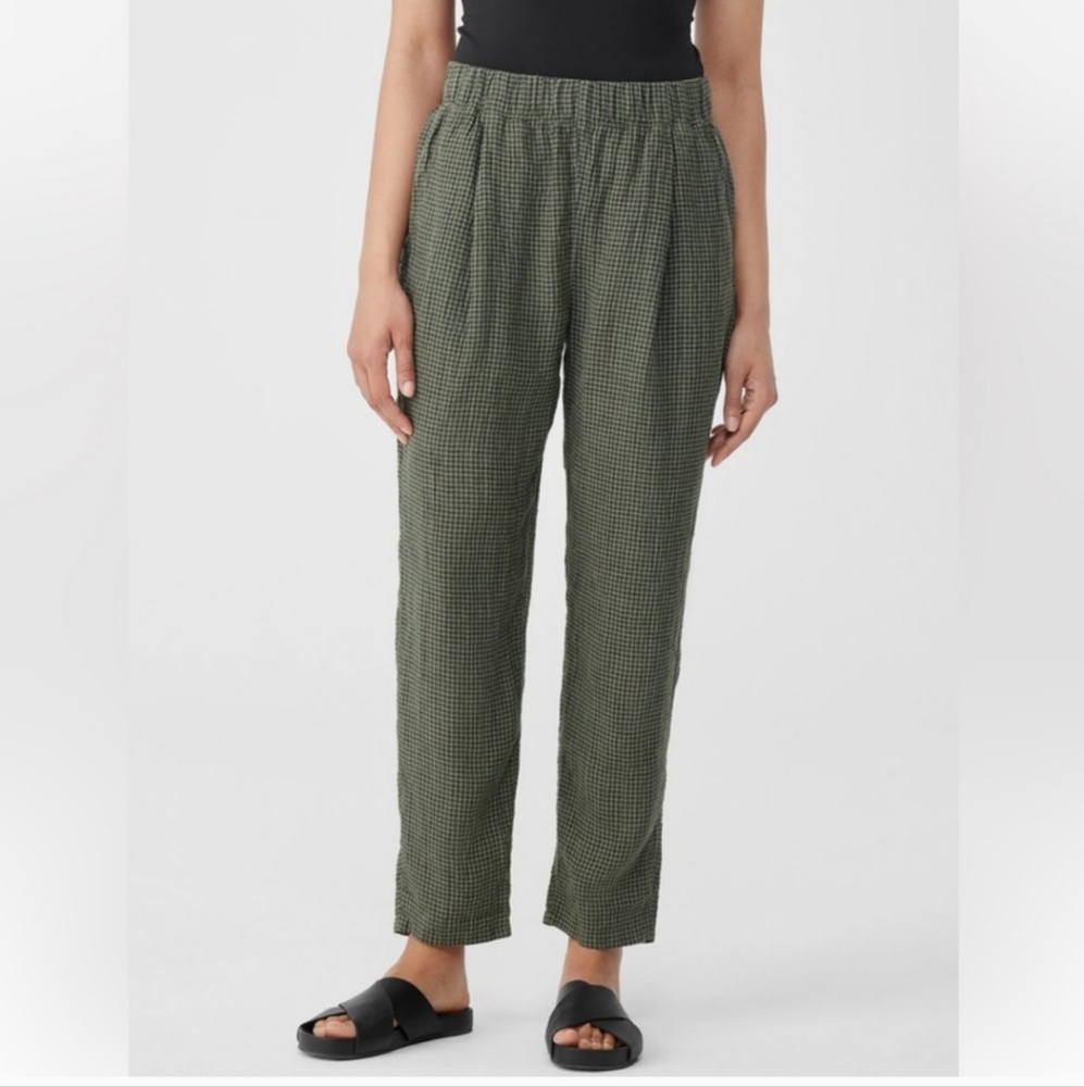 Eileen Fisher Olive Green Checked Pull-On Pants